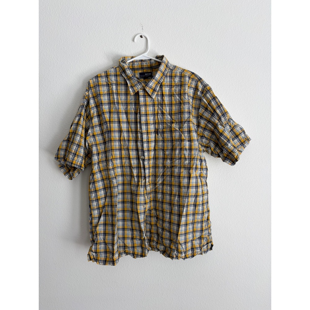 BKE 67 Mens XL Short Sleeve Button Down Plaid Shirt Yellow Navy Blue White
